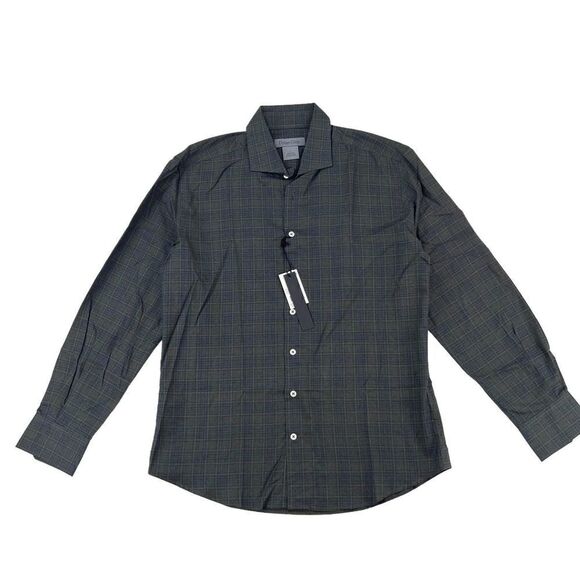 New Dylan Gray Men US L Dress Shirt Button Down Long Sleeve Gray Olive Plaid - Picture 1 of 12